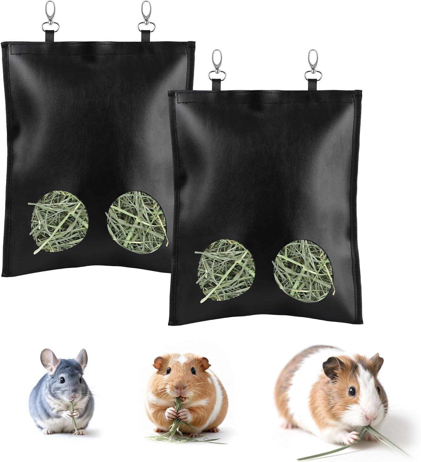 2Pcs Hanging Hay Feeder Bag for Guinea Pigs, Capacity of 0.35 Pounds of Hay, 11.8 x 9.8 Inch Bilayer Harmless Artificial Leather, 2-Hole Washable Hay Feeding Pouch for Small Rabbit, Chinchillas - Image 1
