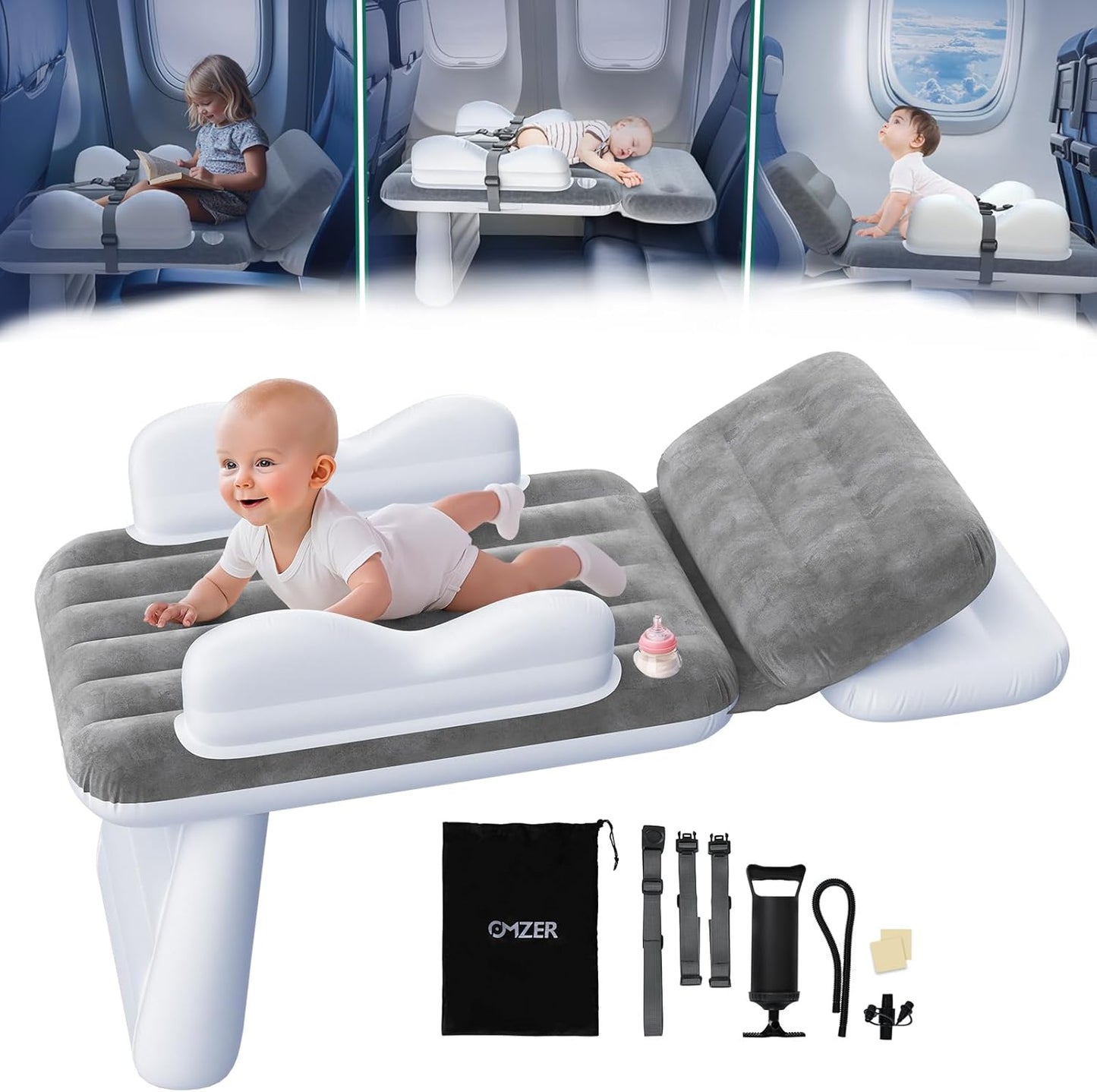 Omzer Inflatable Toddler Airplane Bed front view showing grey flocked surface and safety belt.