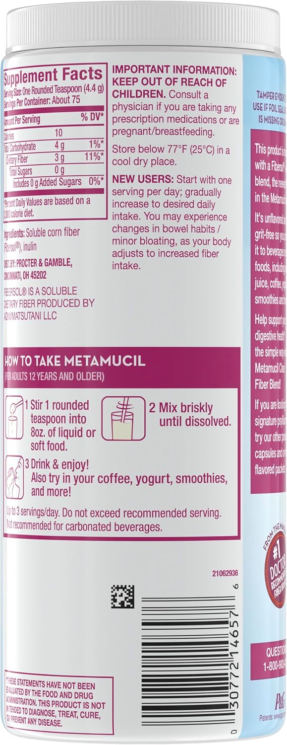 Metamucil Fiber Supplement, Unflavored Clear Mixing Powder, No Grit, No Sugar Added, Plant Based Prebiotic Fiber Supplement Blend for Daily Digestive Health, 75 teaspoons - Image 11