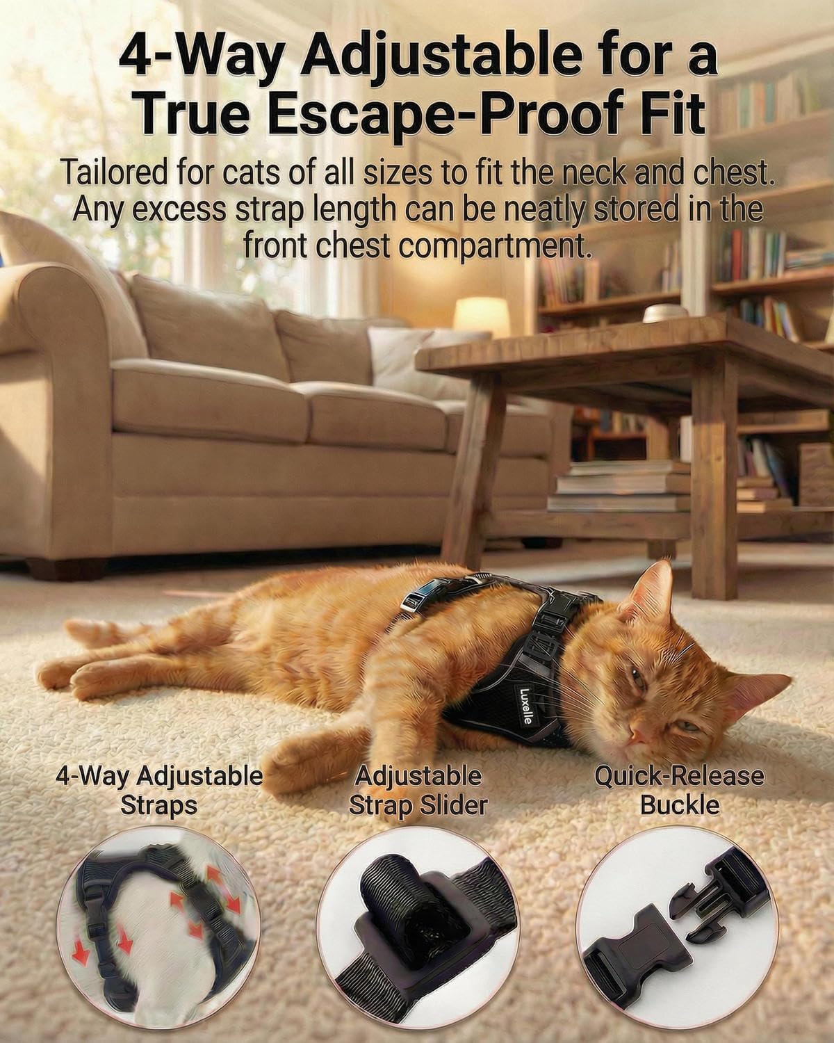 Luxelle breathable mesh outdoor cat harness with reflective straps