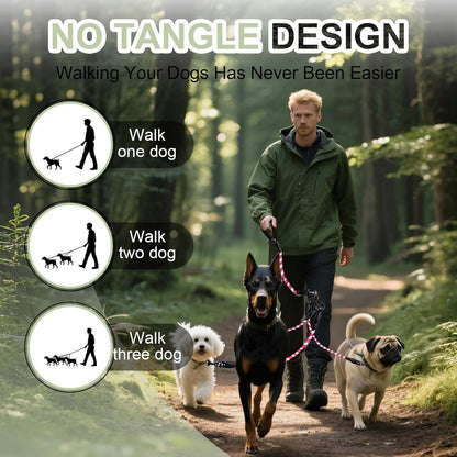 Close-up of the heavy-duty alloy steel metal clips on the pink LEOSASA multi-dog walking leash.