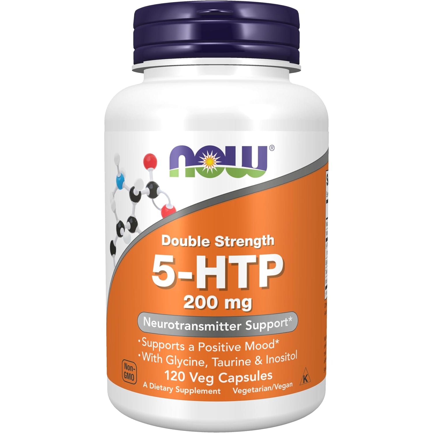 NOW Foods 5-HTP 200mg Double Strength front view bottle for mood support