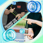 Three professional plastic dual purpose yoyos arranged with included replacement strings and accessory pouches.