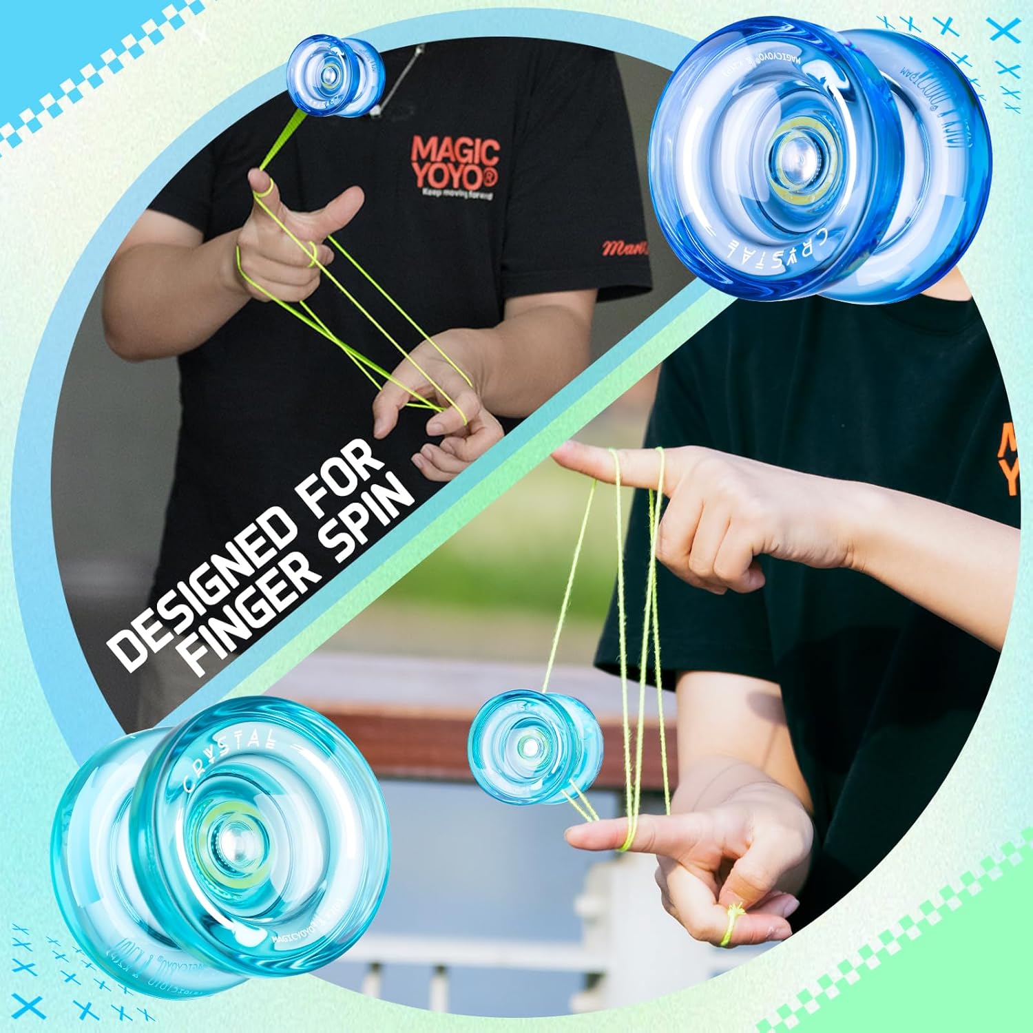 Three professional plastic dual purpose yoyos arranged with included replacement strings and accessory pouches.