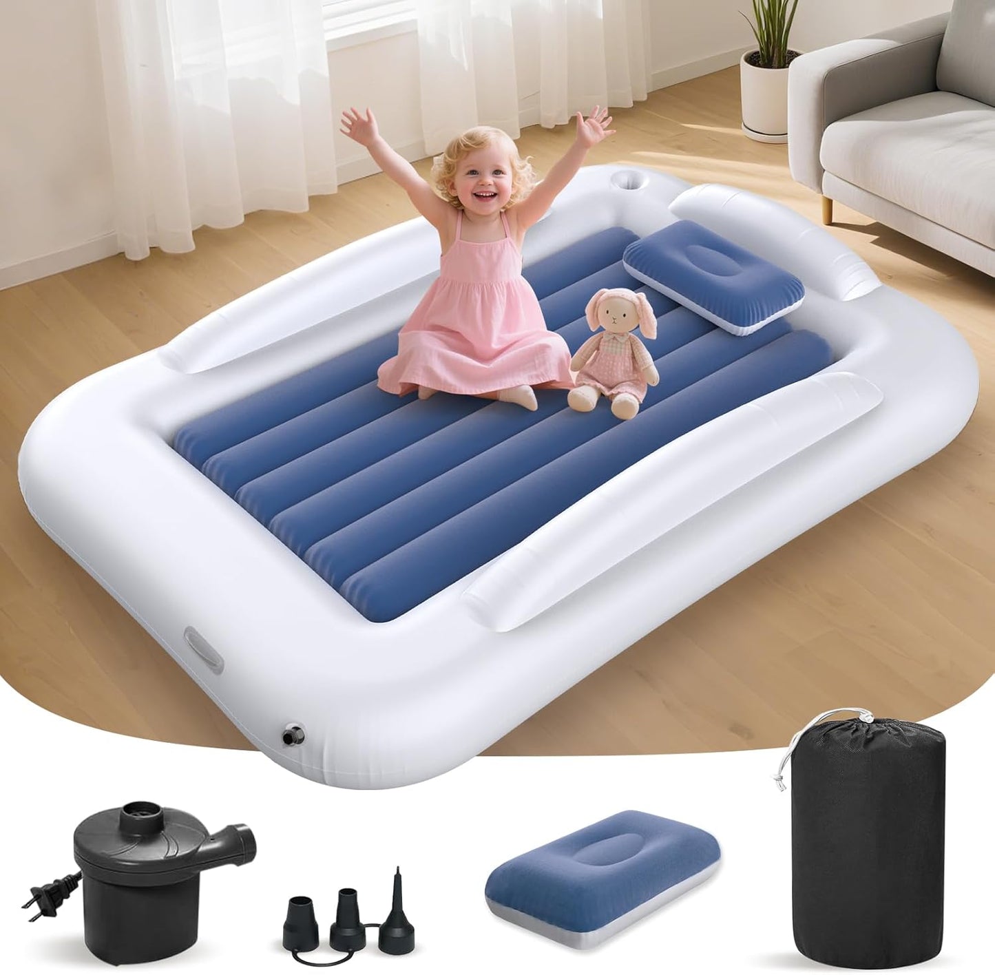 Deeteck inflatable toddler travel bed front view inflated blue portable kids mattress