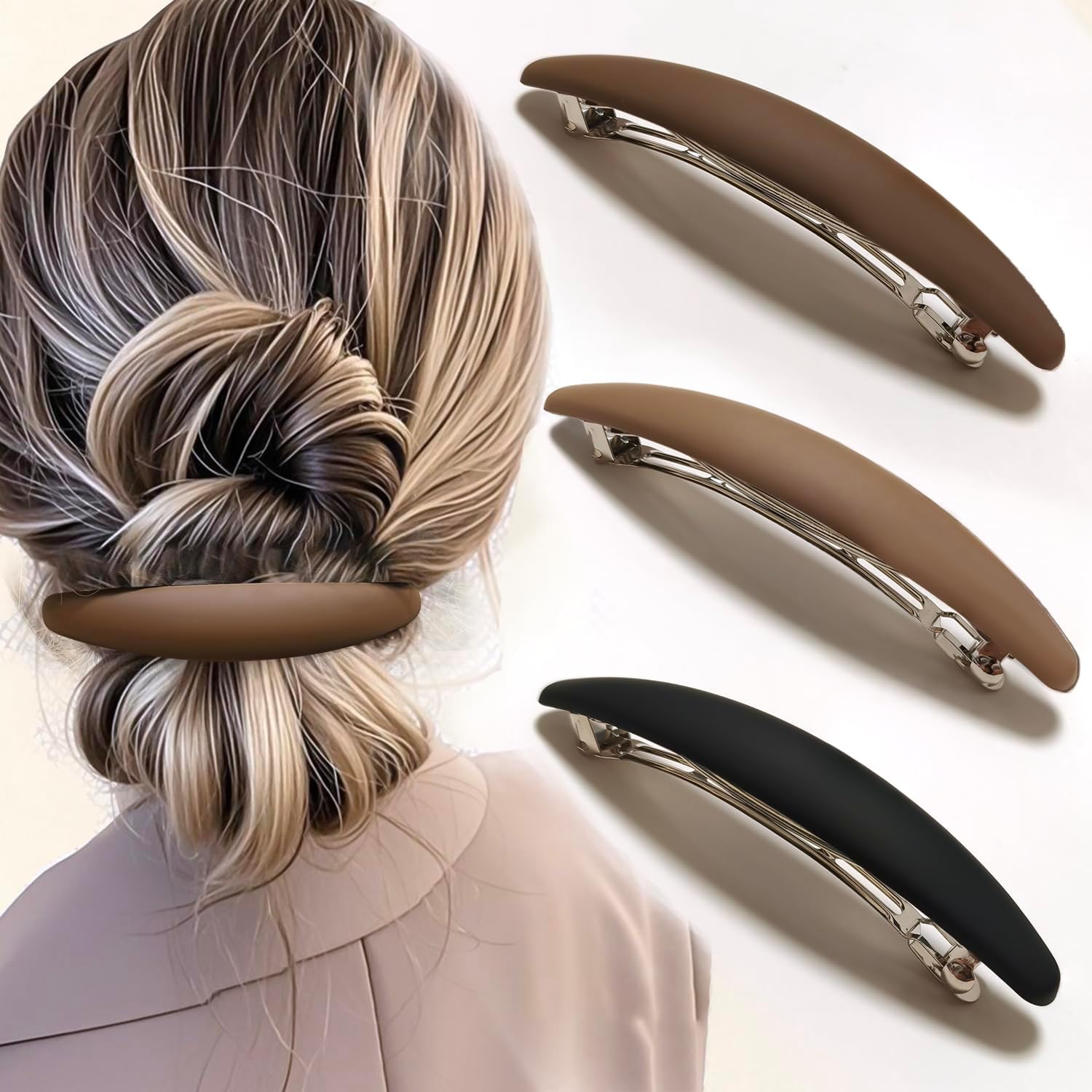 BendJoy Large Matte Hair Barrette 3 Pack front view showing black, brown, and beige clips