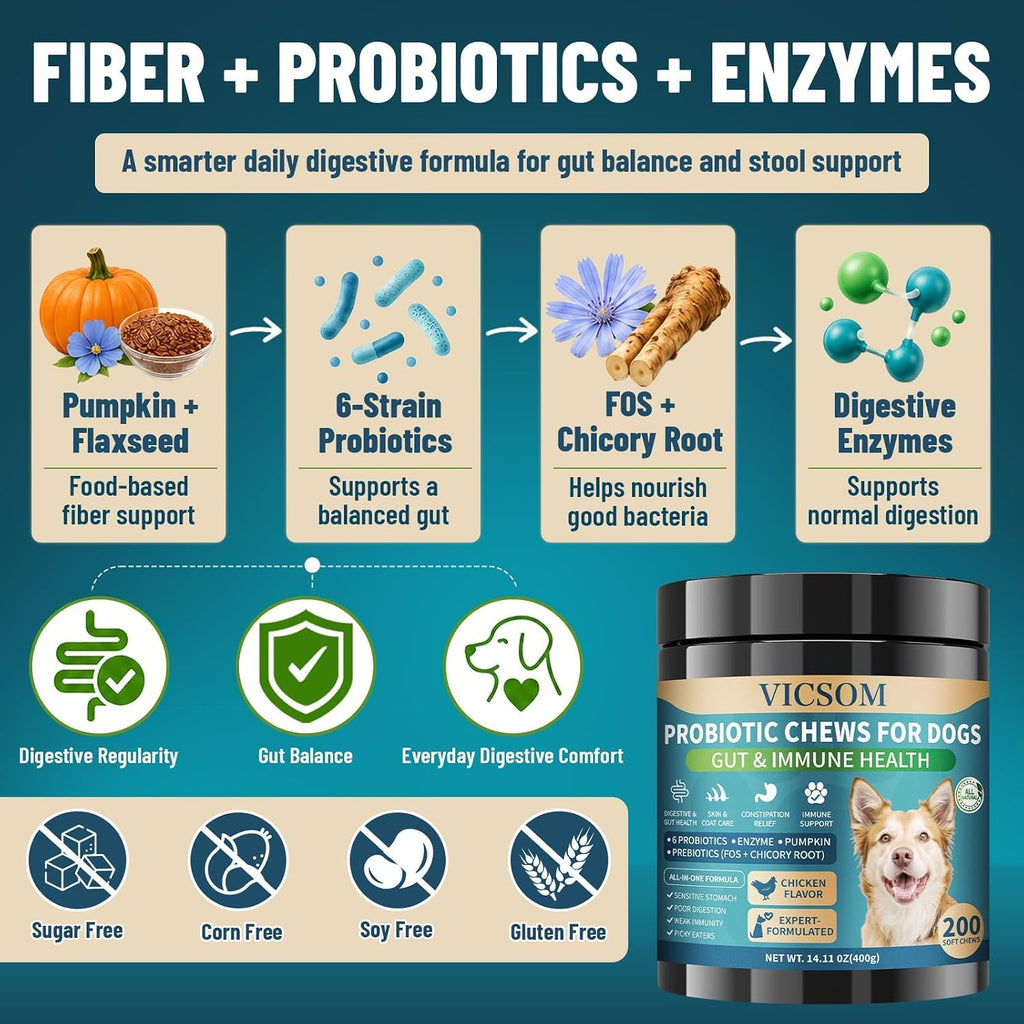 VICSOM pet supplement showing natural pumpkin and digestive enzymes ingredient callouts
