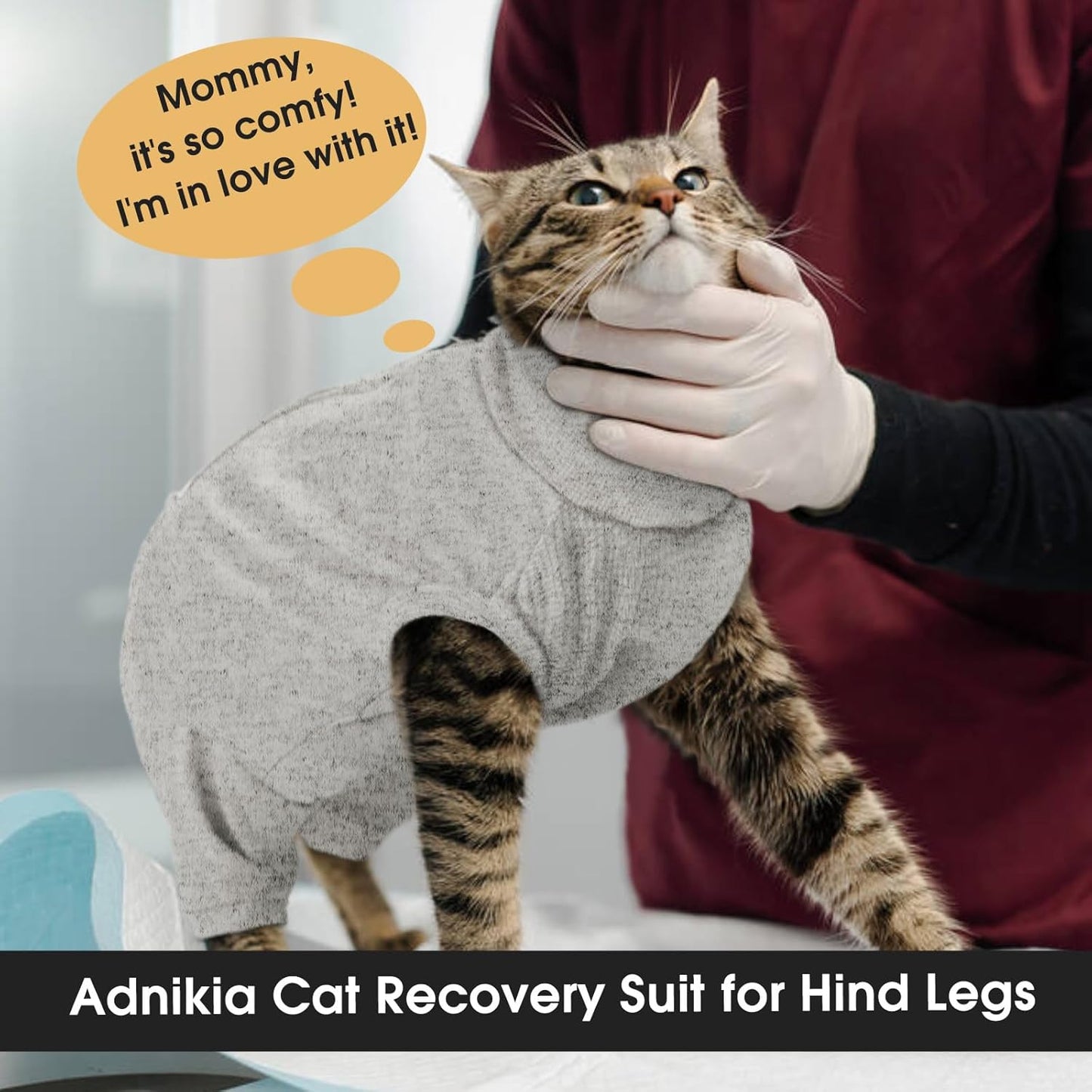 Rear view of cat recovery suit showing litter box access