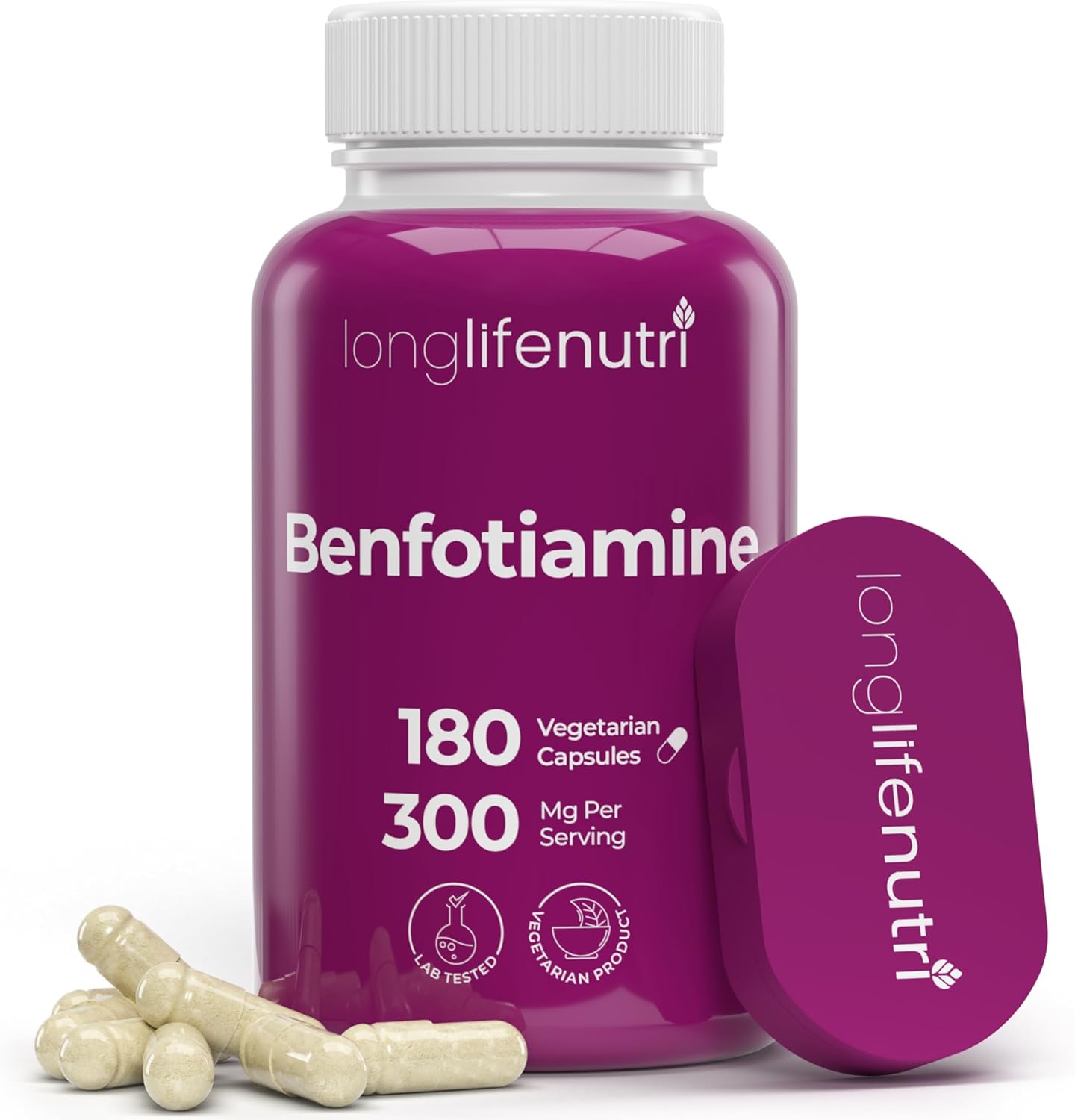 LongLifeNutri Benfotiamine 300 mg front view bottle for nerve health support.