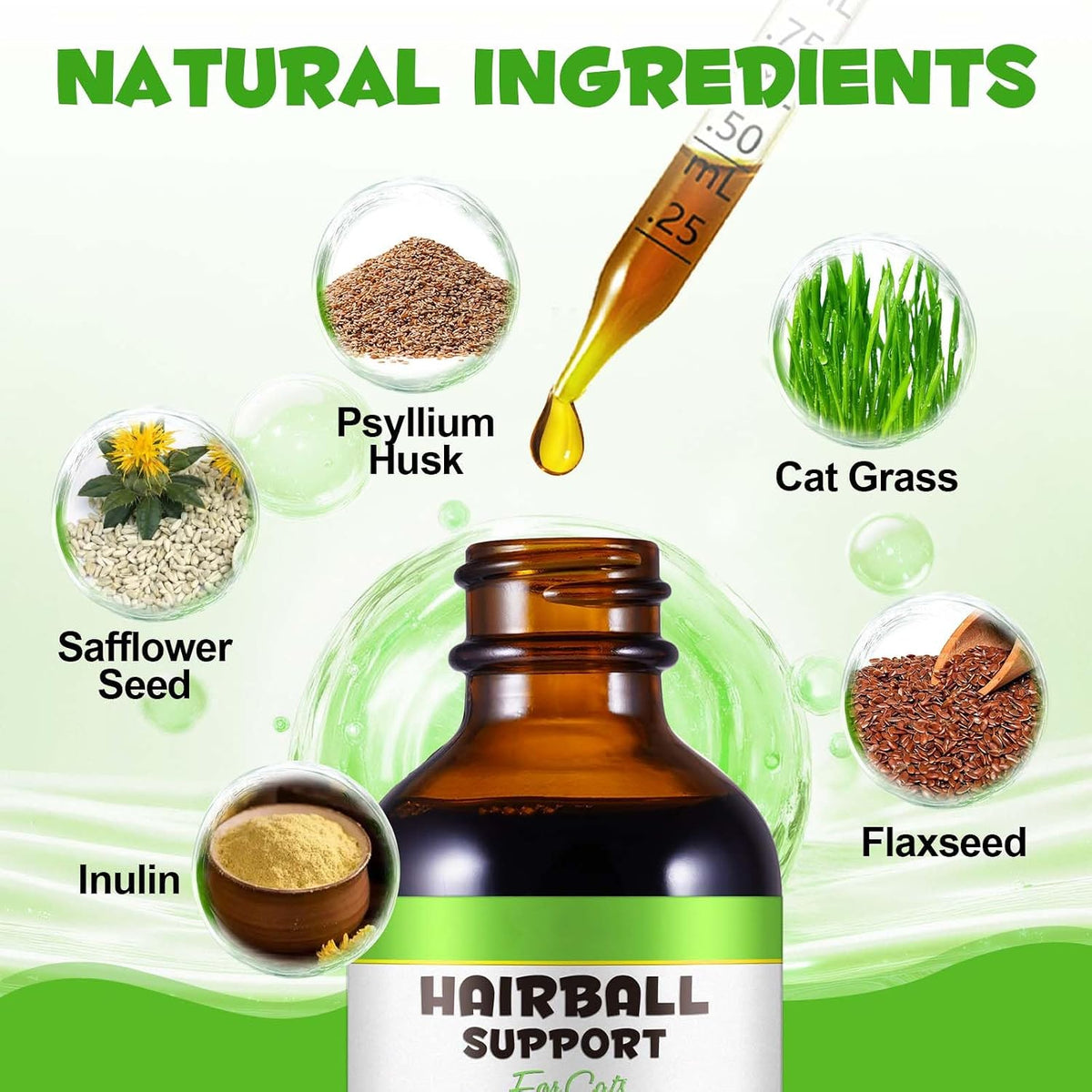 Back label of Arkture hairball drops outlining digestive health and immune support benefits.