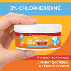 Paw Science medicated wipes container back label detailing the antibacterial and antifungal formula ingredients.