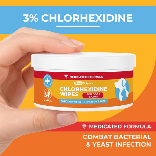 Paw Science medicated wipes container back label detailing the antibacterial and antifungal formula ingredients.