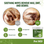 Pet MD ear wipes container showing aloe vera and eucalyptus benefits