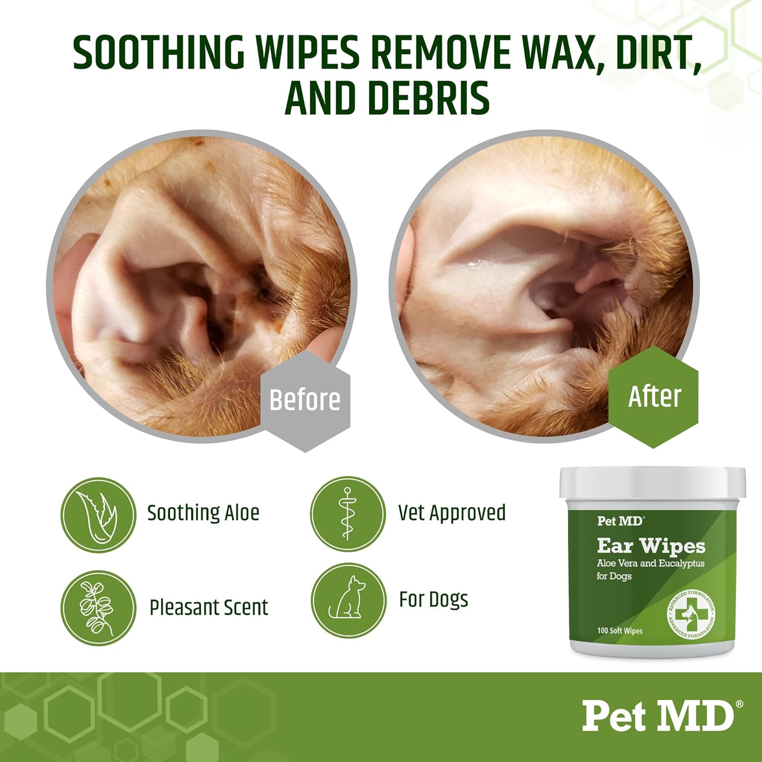 Pet MD ear wipes container showing aloe vera and eucalyptus benefits
