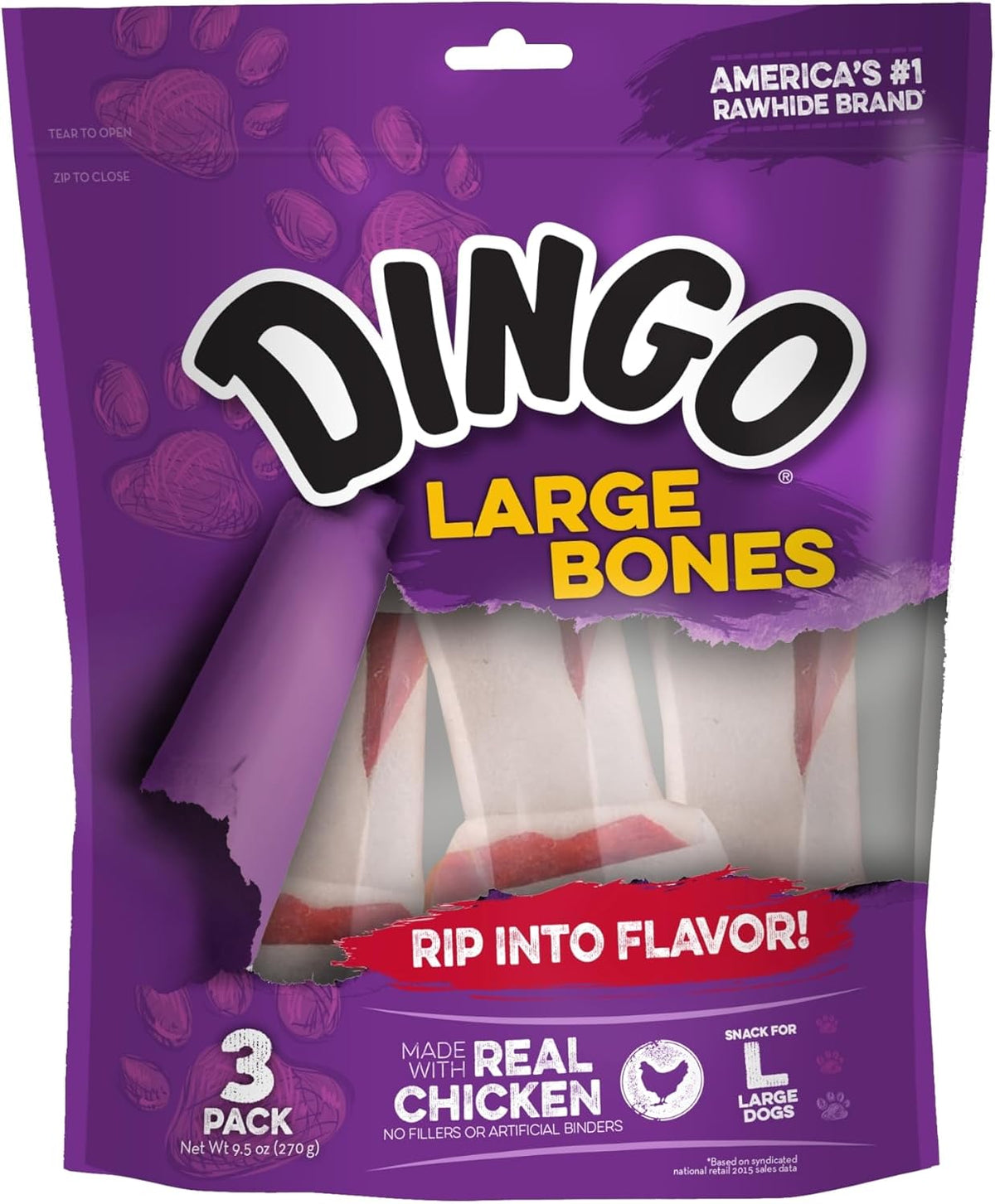 Dingo large dog chew bones featuring real chicken wrapped in natural rawhide