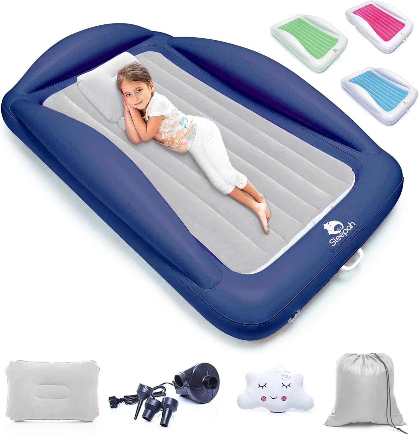 Sleepah inflatable toddler travel bed grey front view with electric pump
