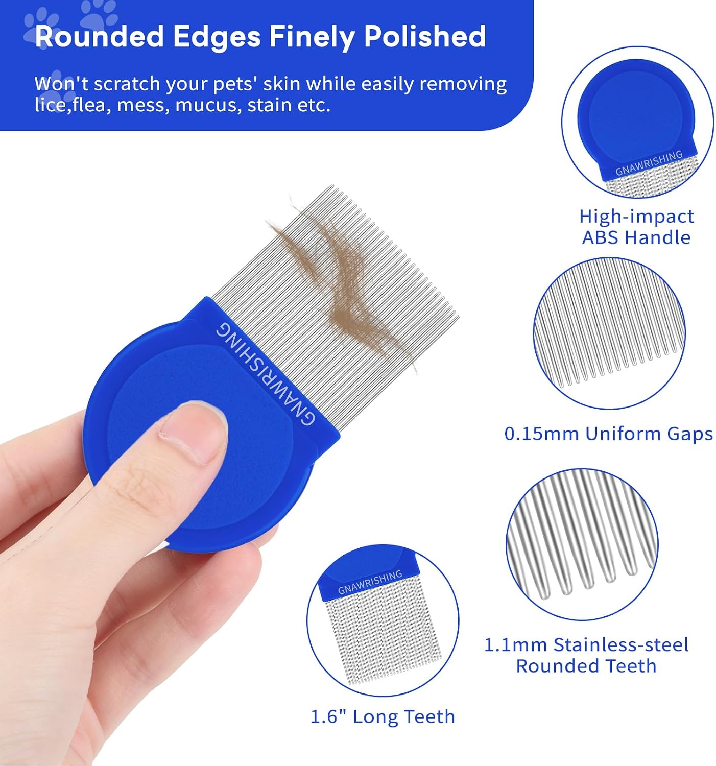 Four different styles of GNAWRISHING pet combs arranged together