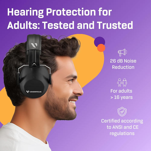 Vanderfields noise cancelling earmuffs folded compactly into a portable travel size.