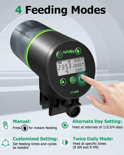 Papettly battery operated auto fish food dispenser with the moisture proof drum detached.