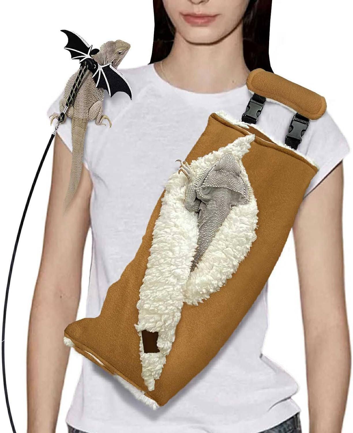 Adjustable Fluffy Bearded Dragon Sling Carrier Bag, Reptile Carrier with Leash Harness Lizard Cage Accessories for Small Animal, Ferrets, Squirrel, Hamsters,Parrot (Black) - Image 7