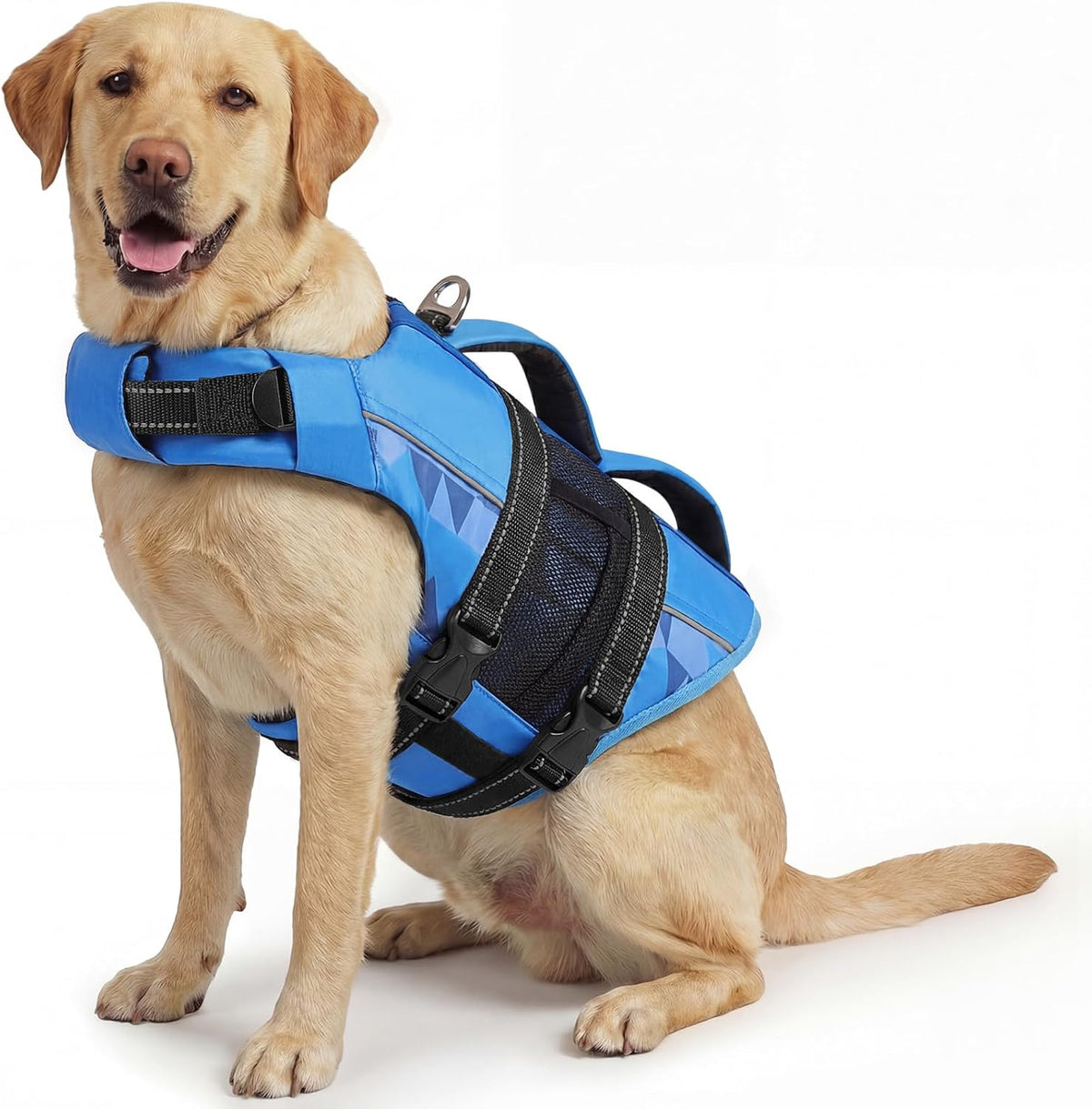 Side angle of the extra large adjustable pet safety vest highlighting the reflective stripes.