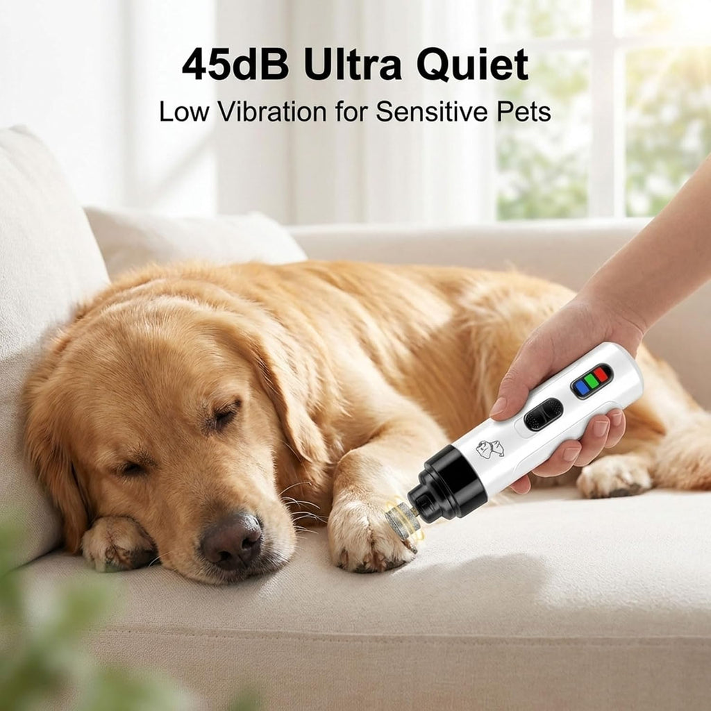 Rechargeable cat and dog nail trimmer showing the two adjustable speed buttons.