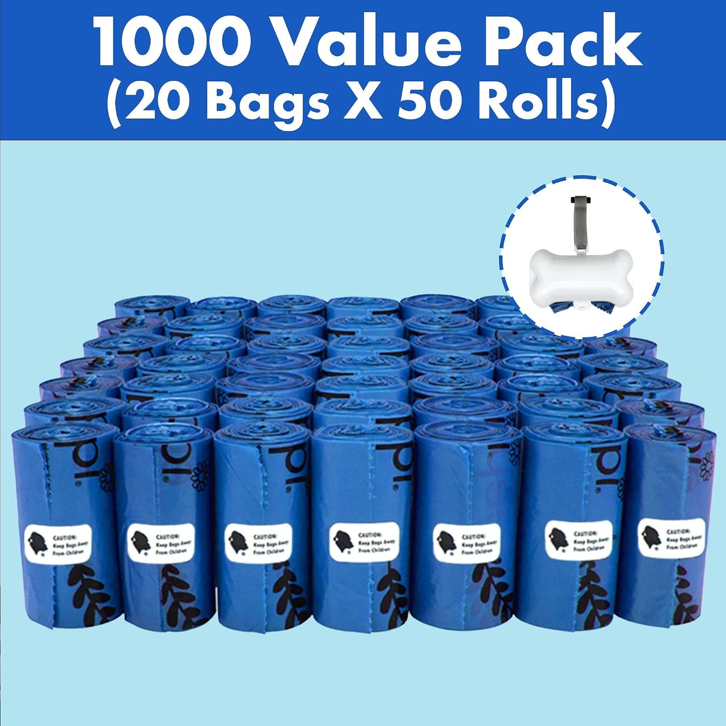 Bulk pack of one thousand count blue pet waste bags with leash tie attachment.