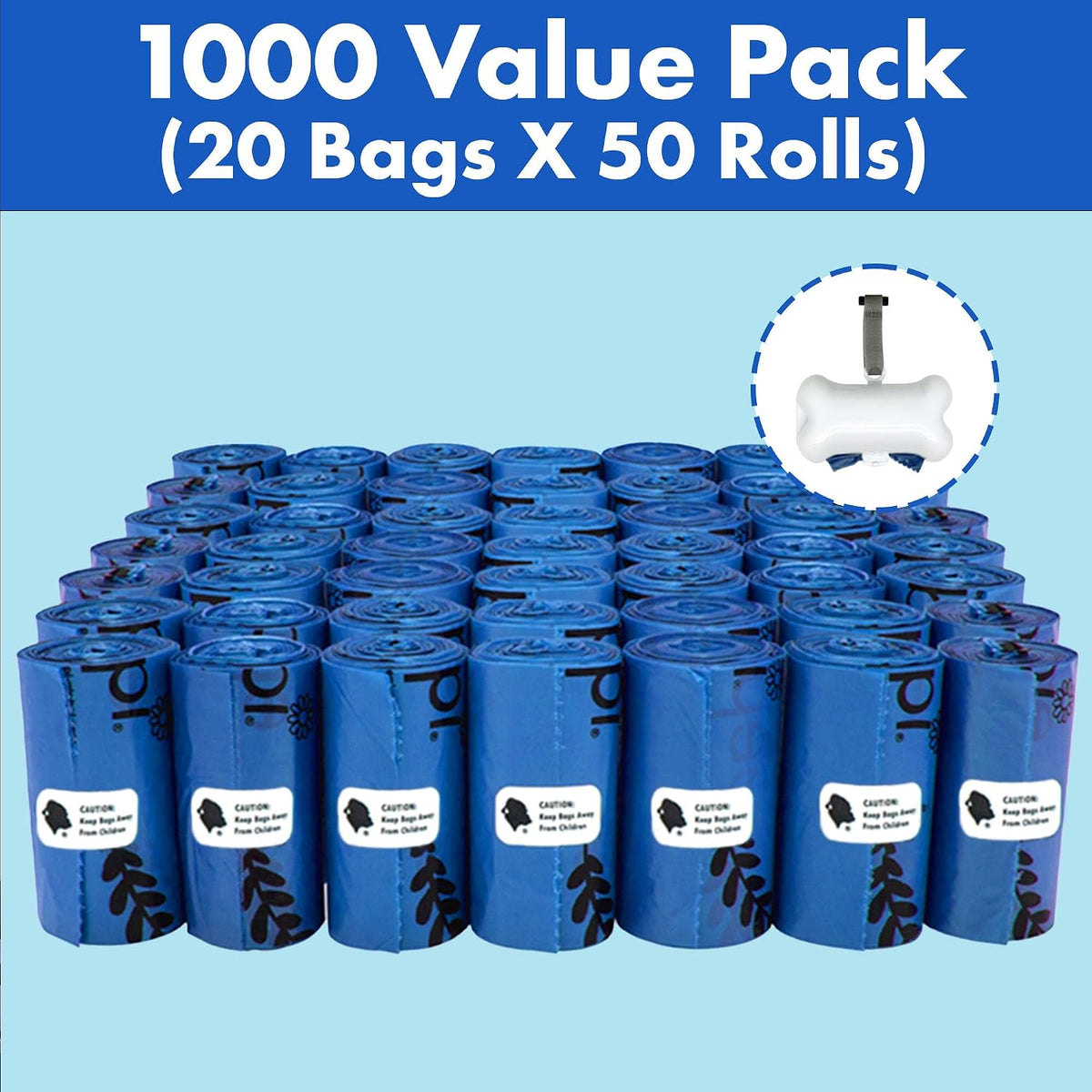 Bulk pack of one thousand count blue pet waste bags with leash tie attachment.