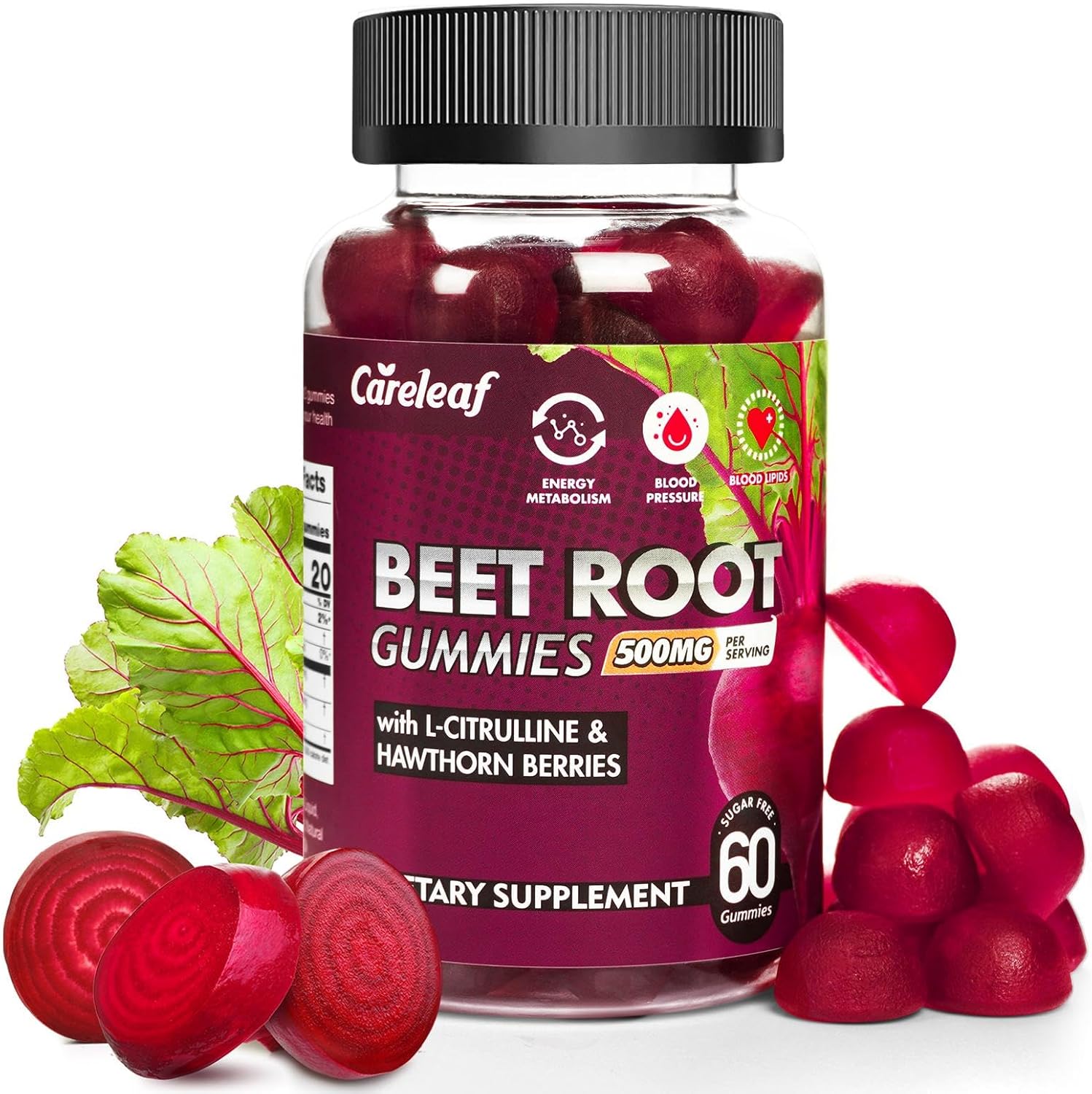 Careleaf Beet Root Gummies front view bottle for natural heart health support.