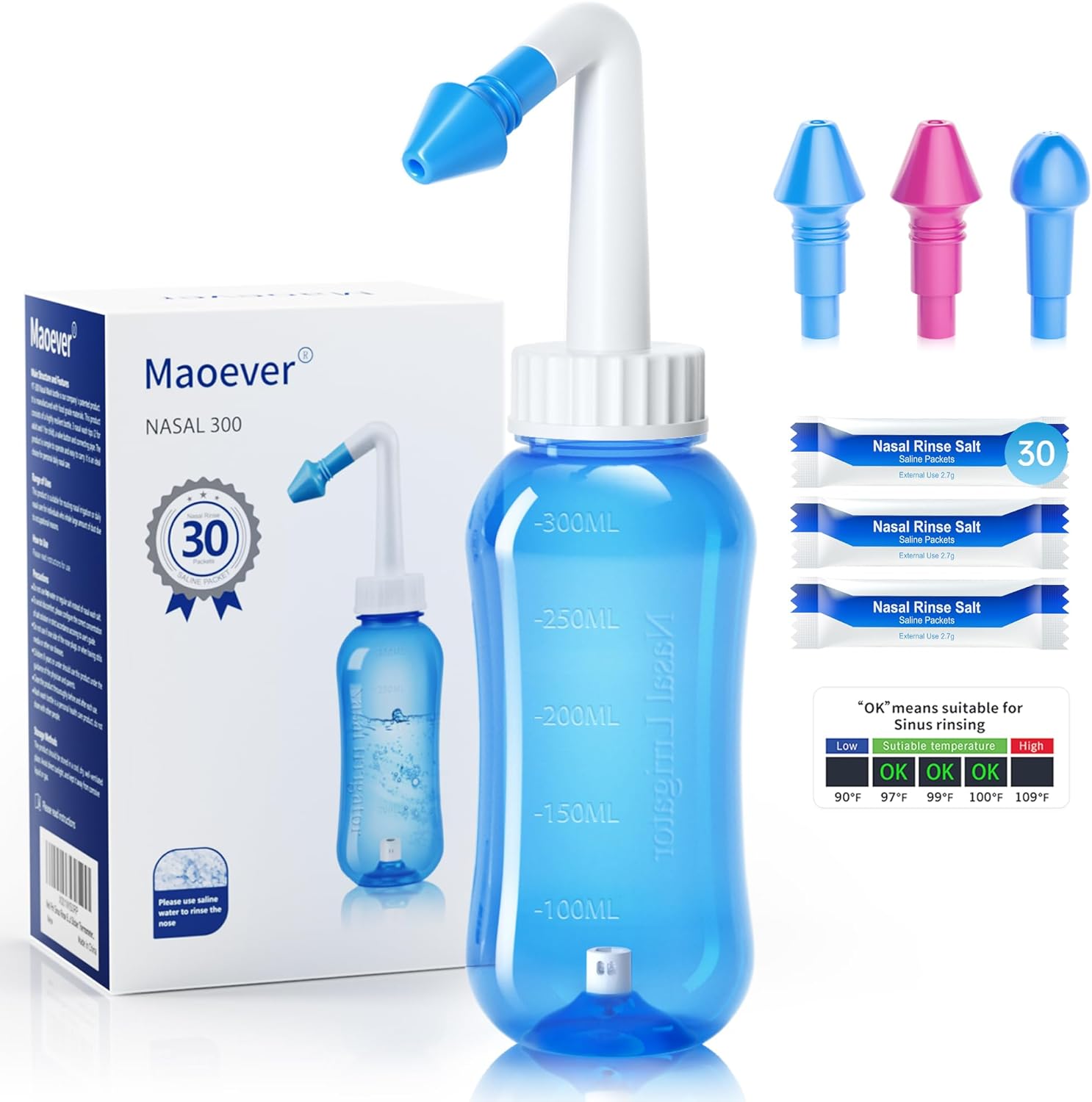 Maoever Neti Pot Sinus Rinse Bottle front view with 300ml capacity
