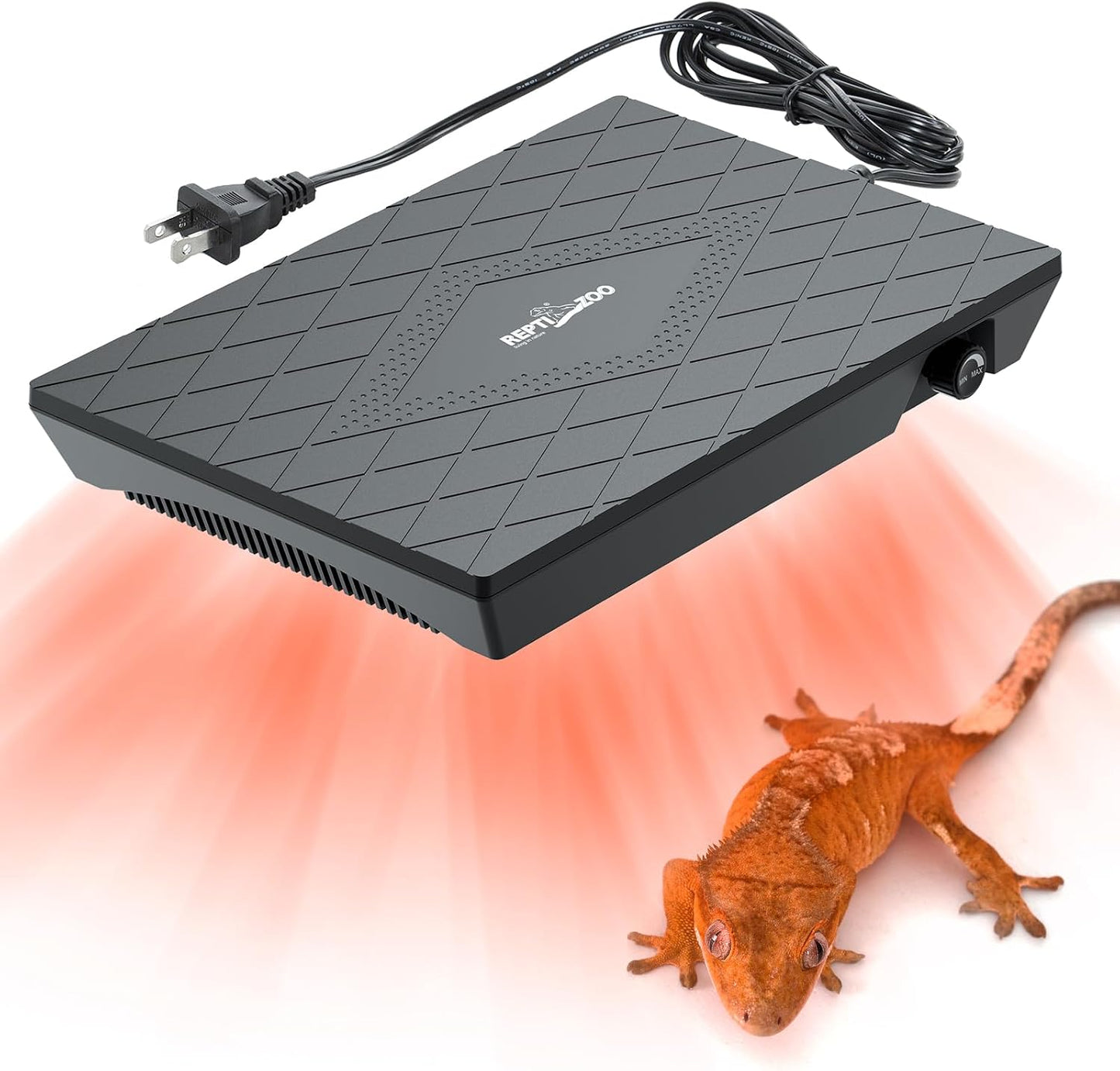REPTI ZOO Reptile Heating Panel front view showing black ABS material and adjustable temperature knob
