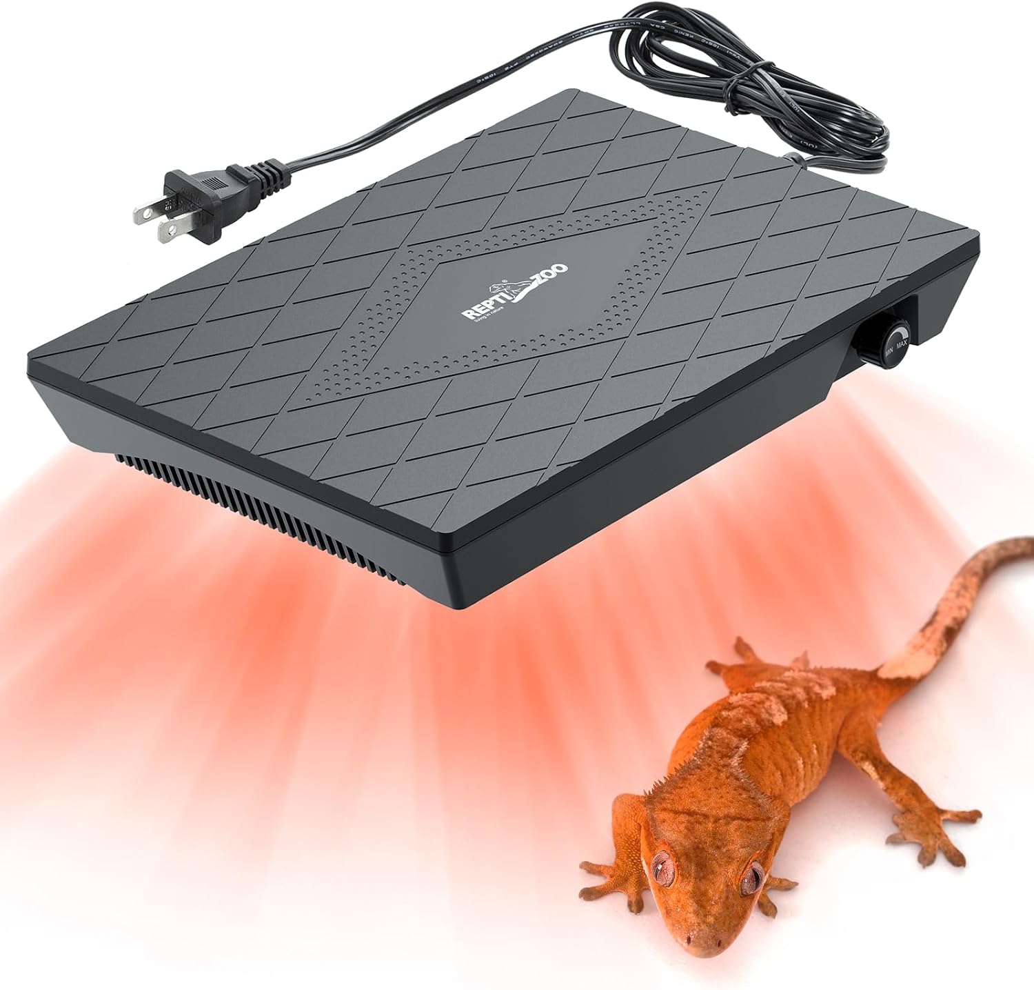 REPTI ZOO Reptile Heating Panel front view showing black ABS material and adjustable temperature knob