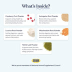 Back label of Pawfy pet vitamins showing herbal ingredients and feeding guidelines.