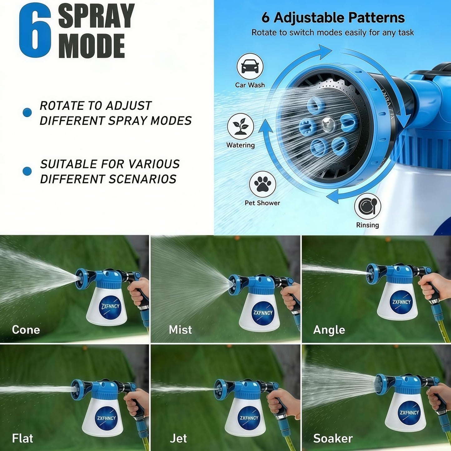Adjustable nozzle for foam sprayer showing 6 spray patterns