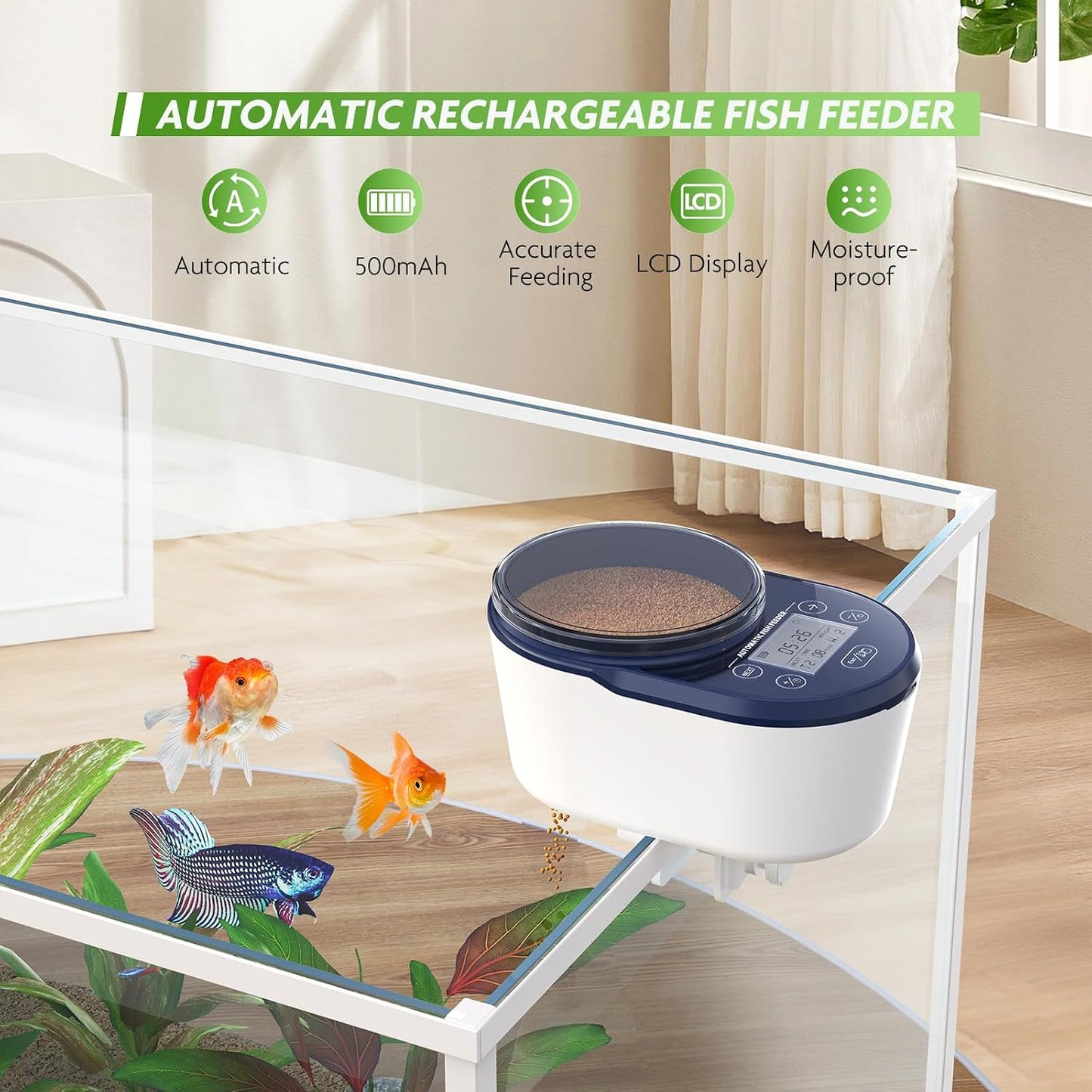 PAIZOO rechargeable vacation fish dispenser showing the digital liquid crystal display screen
