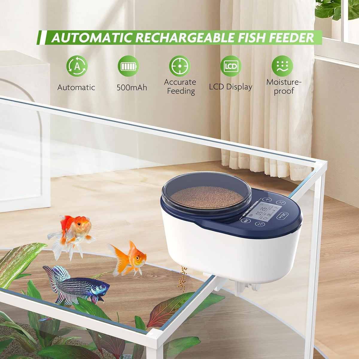 PAIZOO rechargeable vacation fish dispenser showing the digital liquid crystal display screen