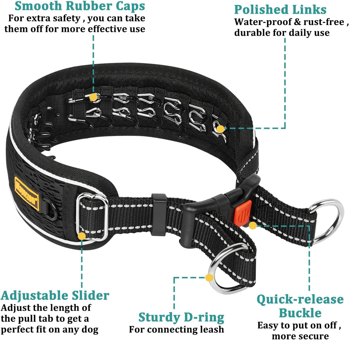 Mayerzon reflective anti pull collar close up of hidden link system