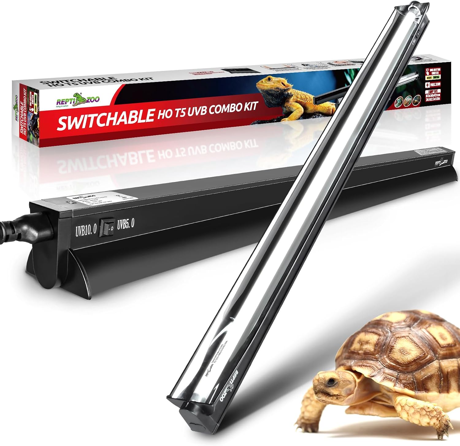 Repti Zoo Switchable T5 UVB Reptile Light Combo Kit front view of the premium terrarium hood fixture.