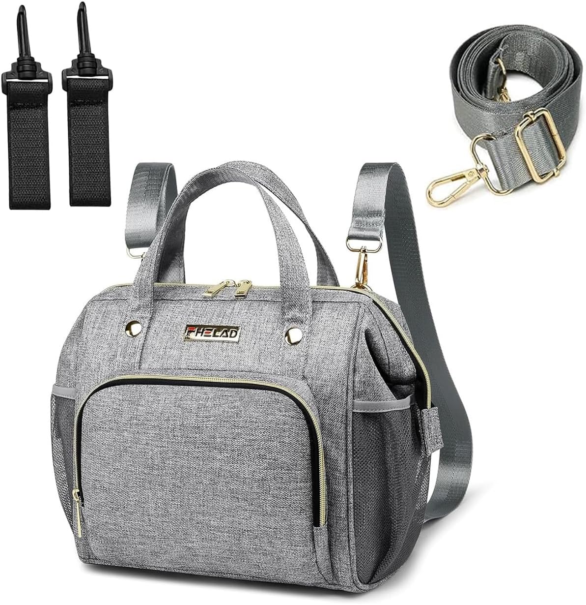 FHELAD small diaper bag backpack front view in premium gray waterproof Oxford cloth