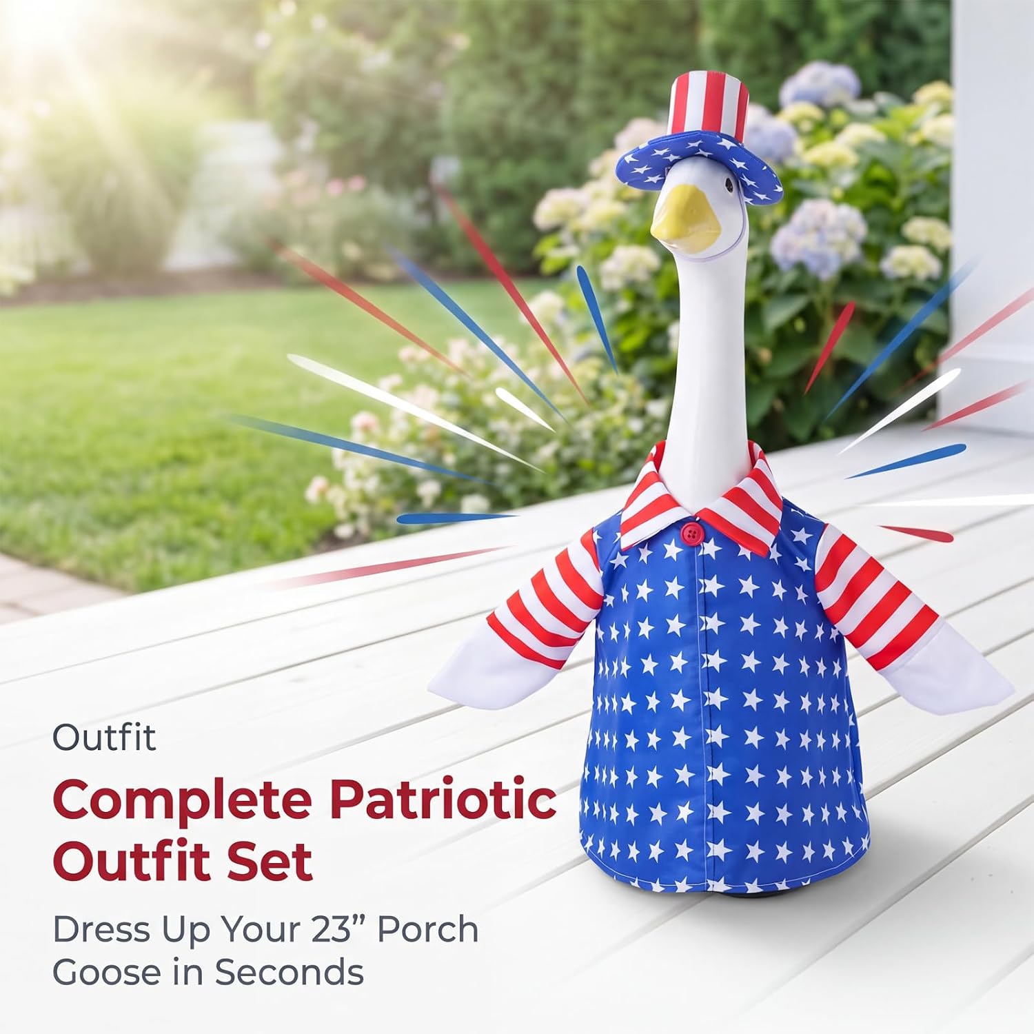 Independence Day themed yard decoration showing twenty-three inch goose statue costume
