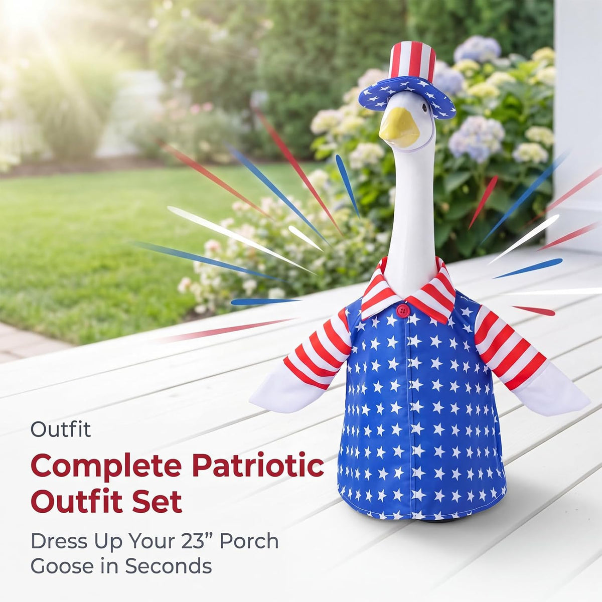 Independence Day themed yard decoration showing twenty-three inch goose statue costume