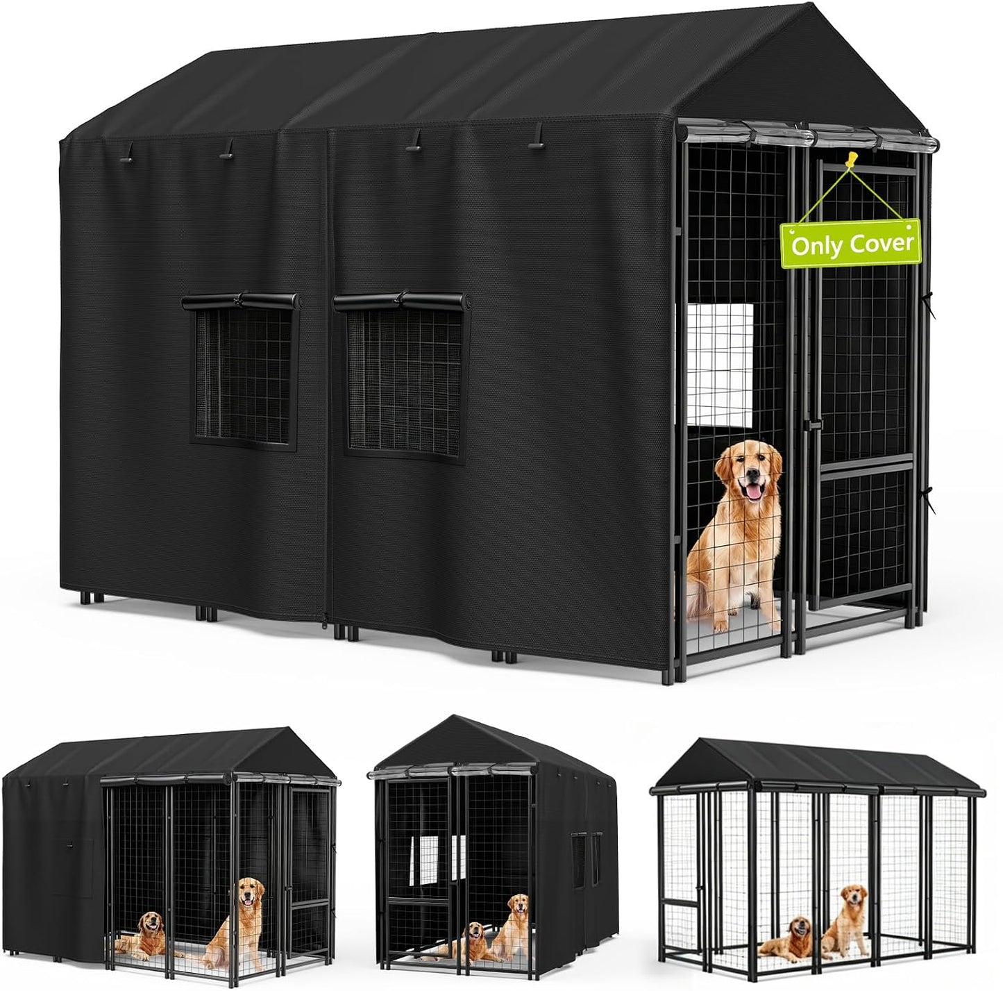 Mutushi outdoor dog kennel cover front view showing heavy duty black fabric enclosure over frame