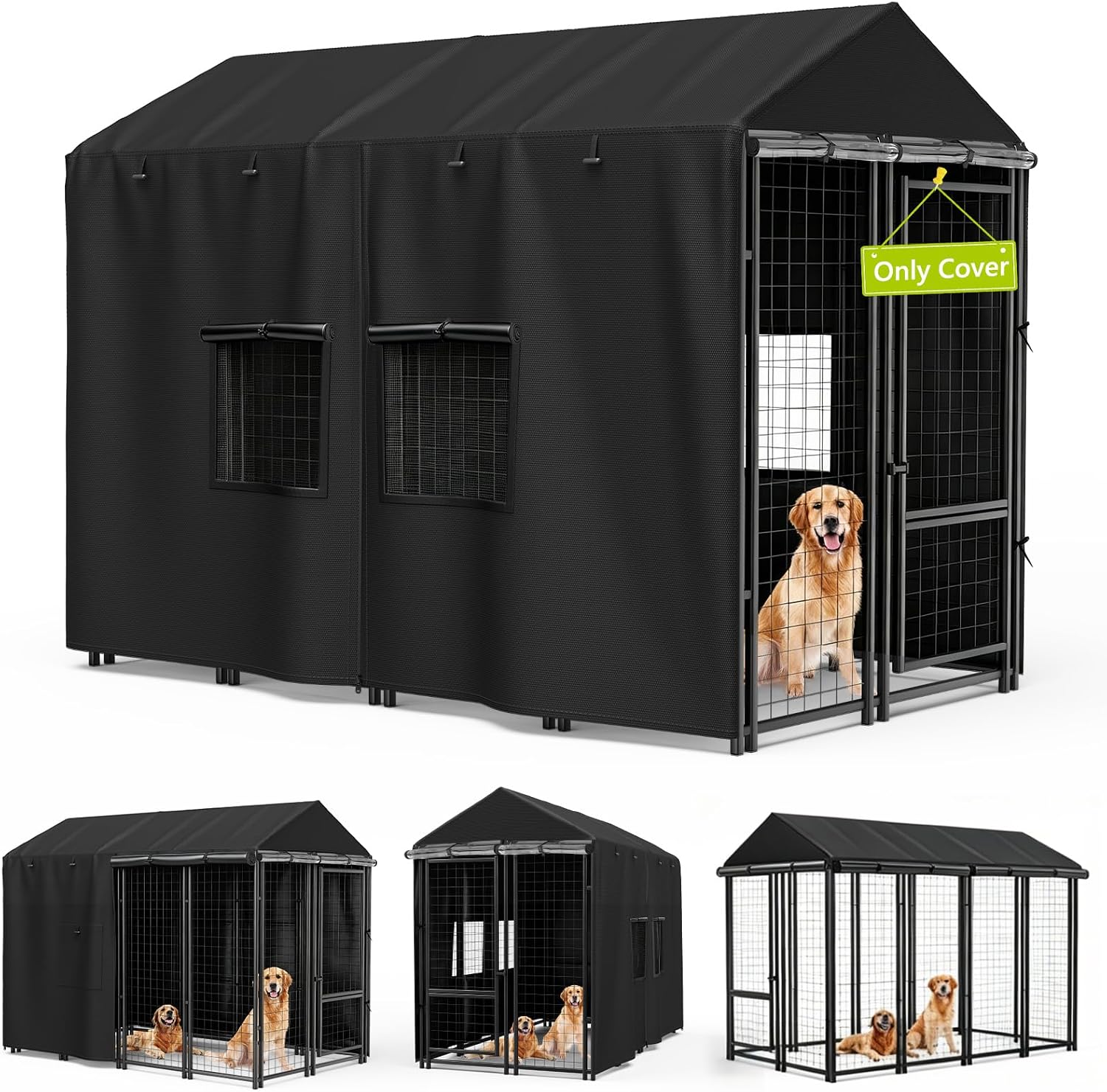 Mutushi outdoor dog kennel cover front view showing heavy duty black fabric enclosure over frame