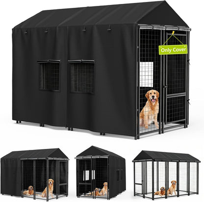 Mutushi outdoor dog kennel cover front view showing heavy duty black fabric enclosure over frame
