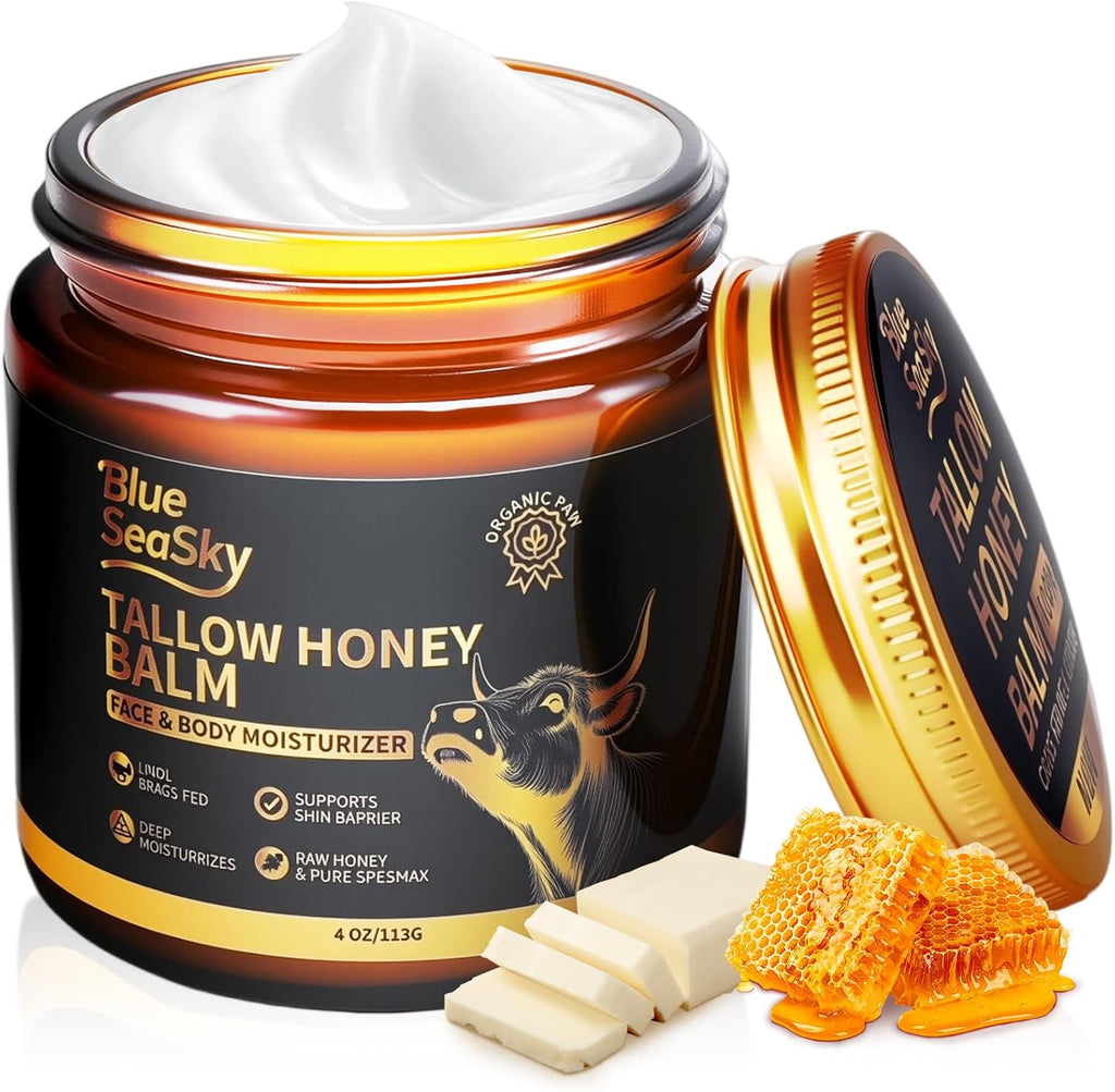 Blue Sea Sky Upgraded Beef Tallow And Honey Balm front view of 4 Ounce jar