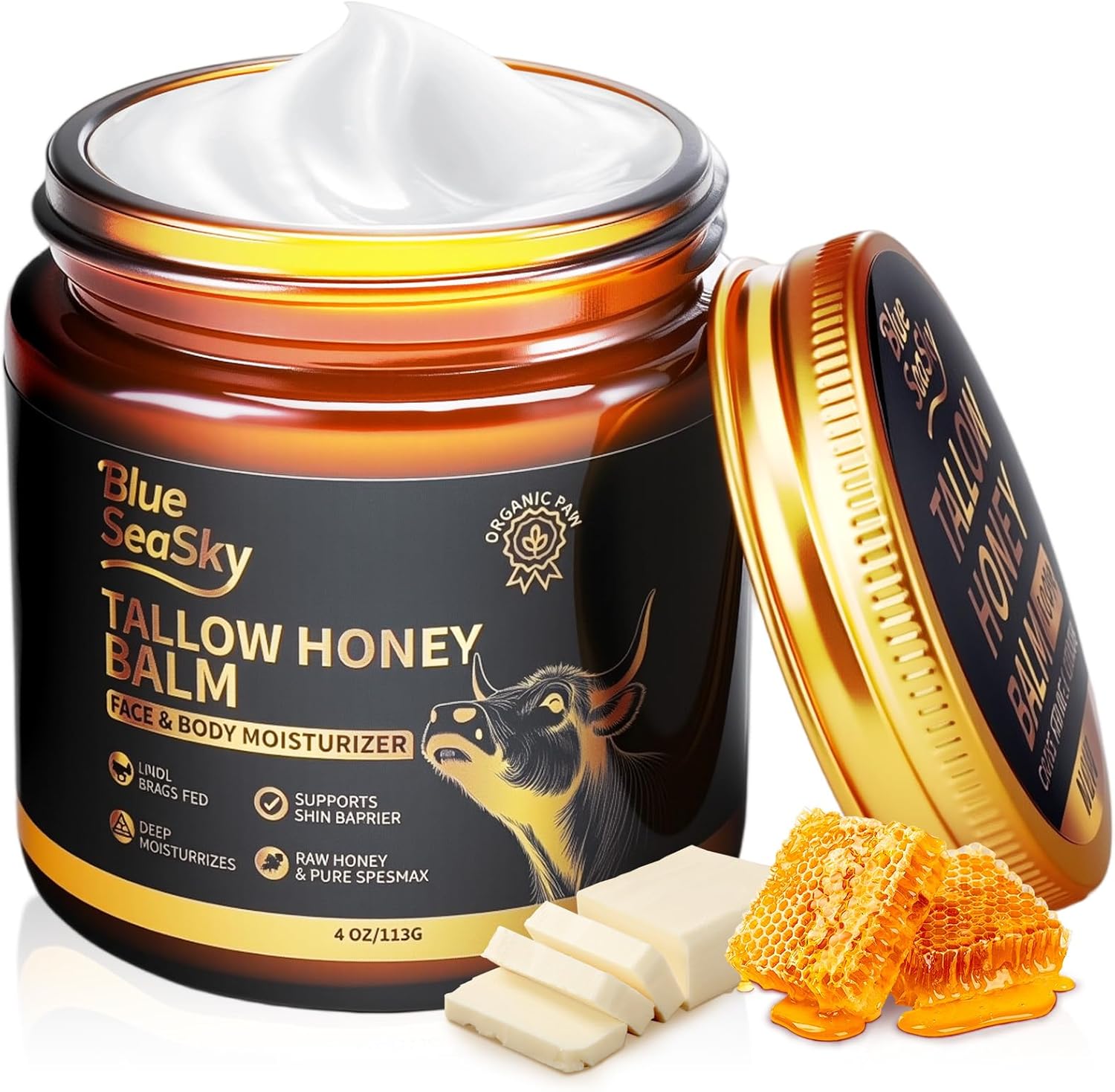 Blue Sea Sky whipped beef tallow and honey balm front view packaging for sensitive skin relief