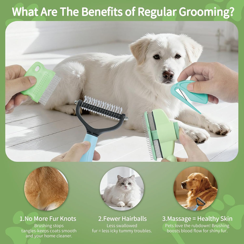 Fine-tooth pet flea comb removing dander and debris from a long hair cat coat.