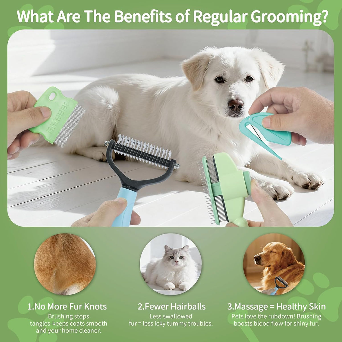 Fine-tooth pet flea comb removing dander and debris from a long hair cat coat.