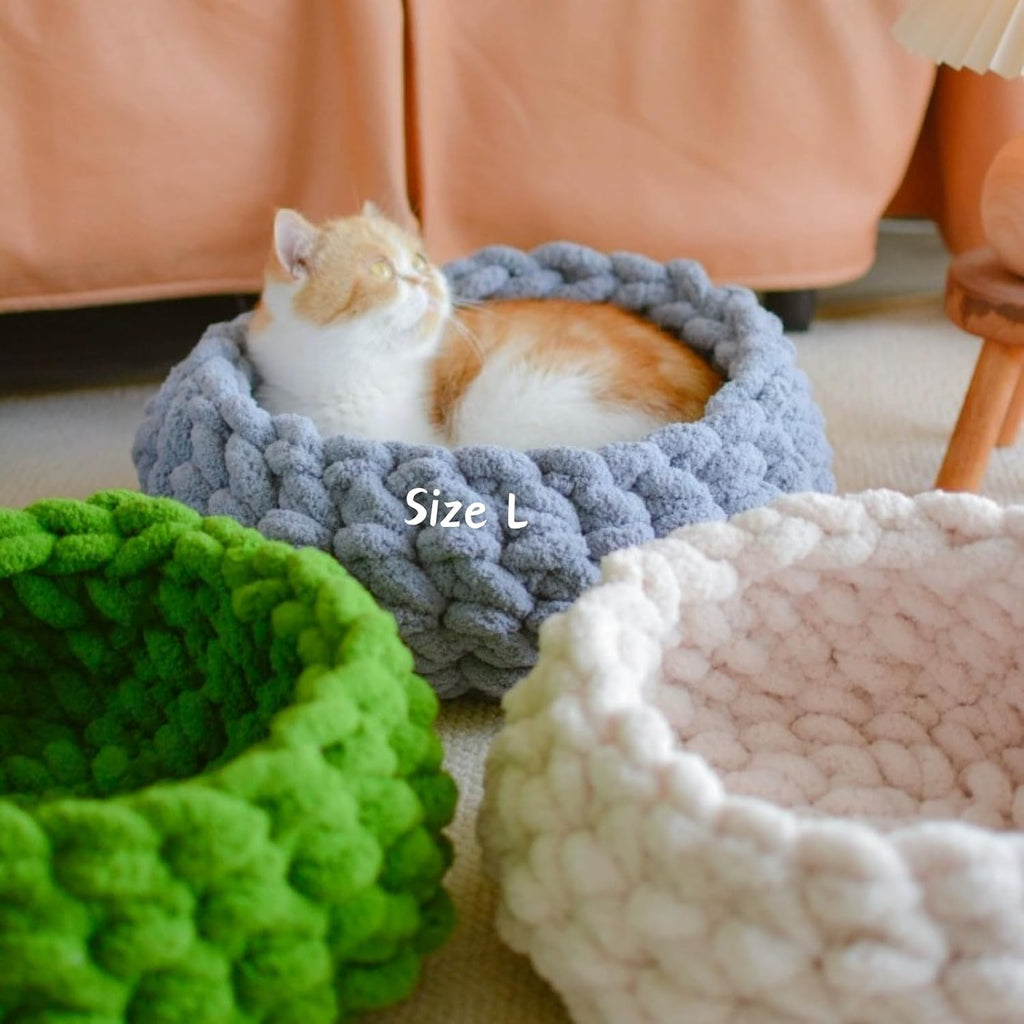 Top view of round handwoven cat bed for kittens