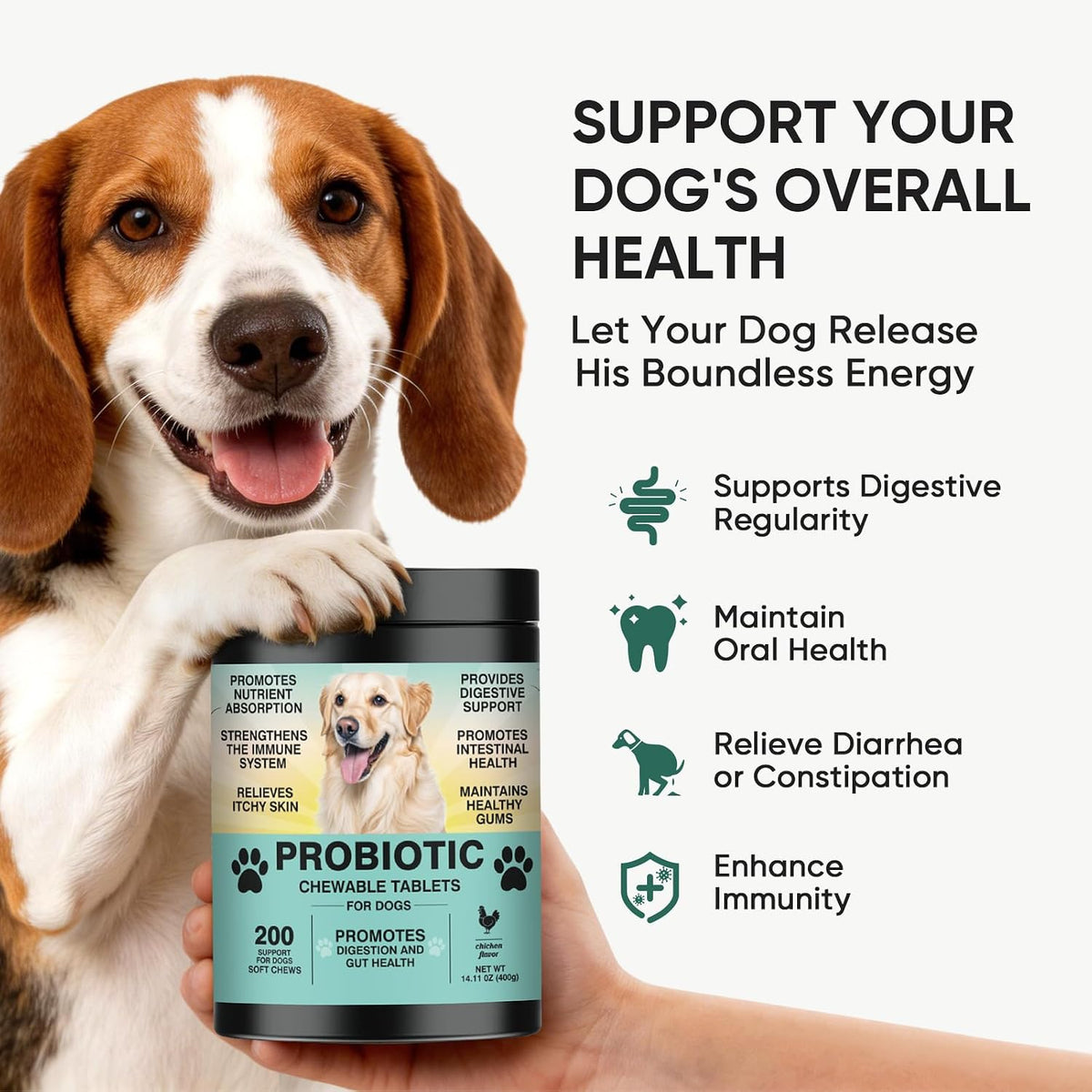 Close up of TzzyiC dog probiotic chews for digestive health and immunity.